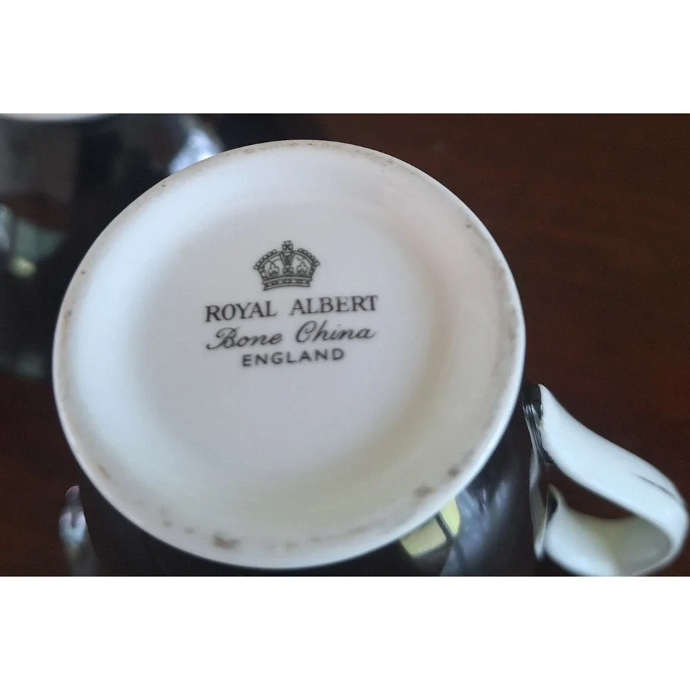 Royal Albert Masquerade Mini Open Sugar and Creamer 1950s Platinum Rim Black
